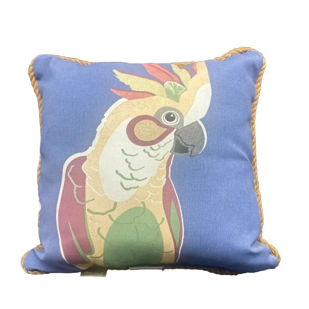ALLEN & ROTH PARROT BIRD, INDOOR/OUTDOOR THROW PILLOW, ROPE EDGE. 17” SQUARE